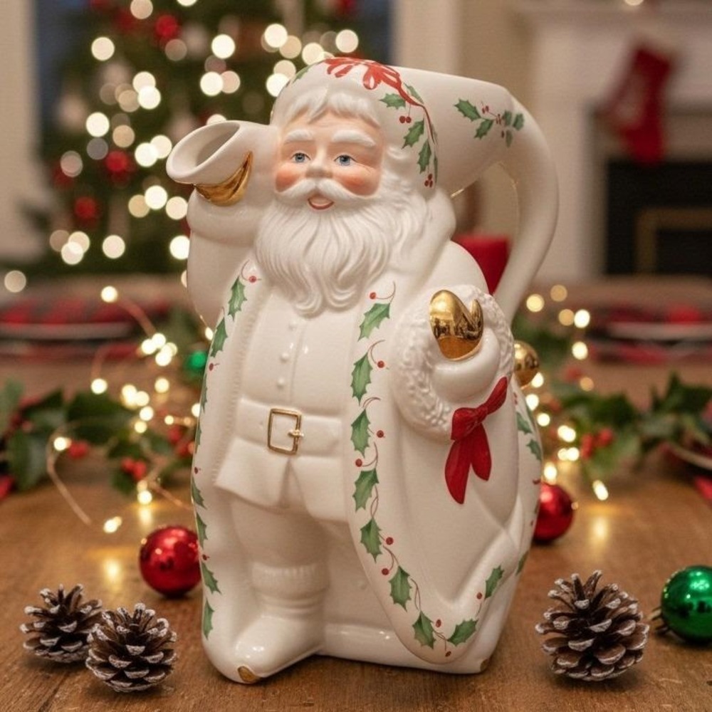 Lenox‎ Holly Berry Santa Pitcher, Vintage Holiday Ceramic, Christmas Serveware